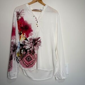 Desigual Floral Henley Blouse White Womens Medium Whimsical Artistic